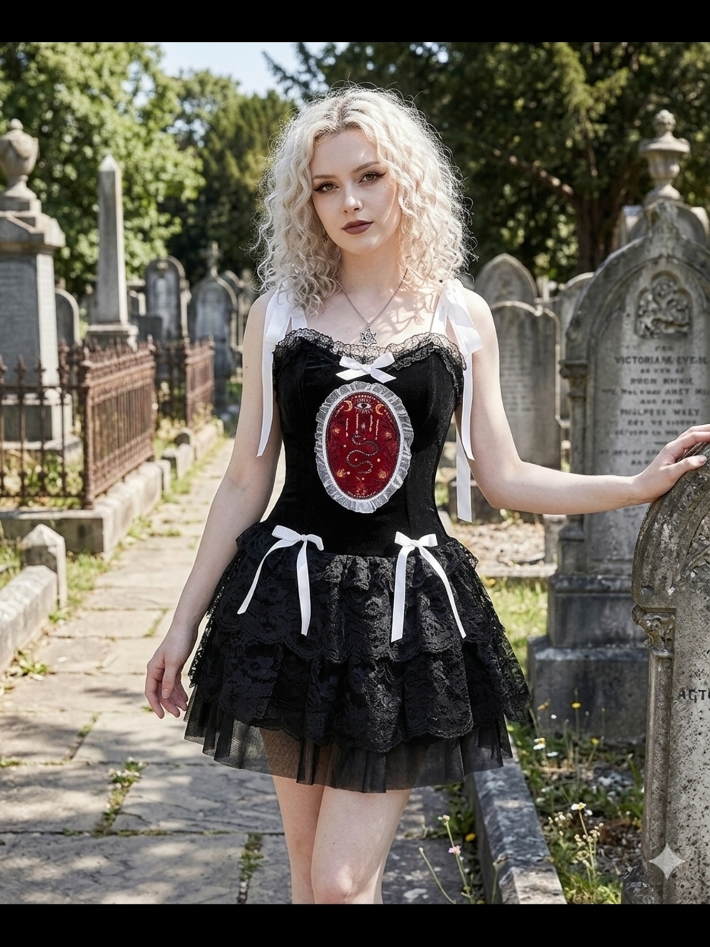 Gothic Black Lace Mini Dress with Red Emblem